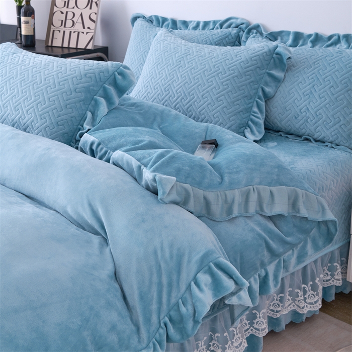 91家纺网 家纺一手货源 找家纺 畅畅家纺 2025新款11斤韩版冬季超柔加厚牛奶绒蝴蝶花边床盖四件套 宝蓝