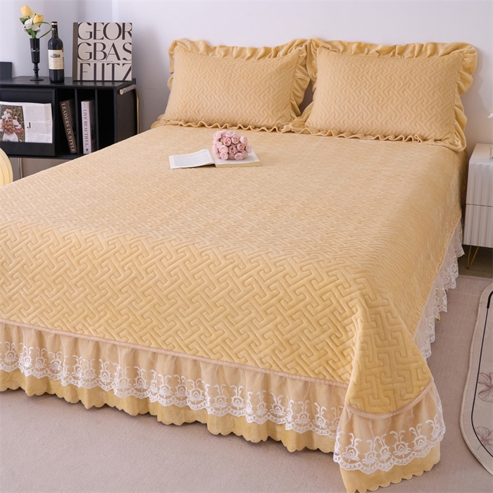 91家纺网 家纺一手货源 找家纺 畅畅家纺 2025新款11斤韩版冬季超柔加厚牛奶绒蝴蝶花边床盖四件套 布丁黄