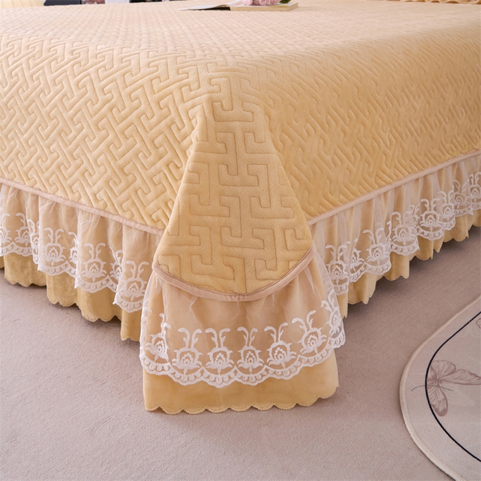 91家纺网 家纺一手货源 找家纺 畅畅家纺 2025新款11斤韩版冬季超柔加厚牛奶绒蝴蝶花边床盖四件套 布丁黄