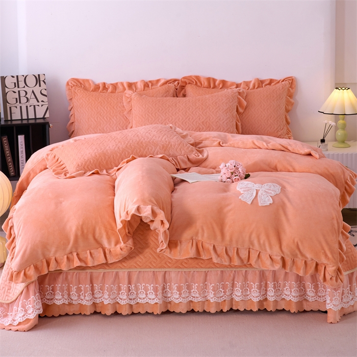 畅畅家纺 2025新款11斤韩版冬季超柔加厚牛奶绒蝴蝶花边床盖四件套 橙色