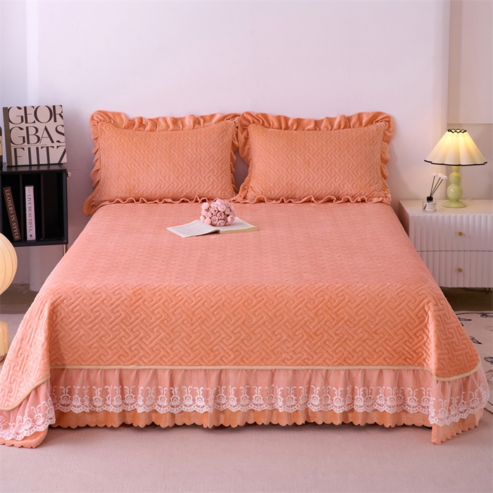 91家纺网 家纺一手货源 找家纺 畅畅家纺 2025新款11斤韩版冬季超柔加厚牛奶绒蝴蝶花边床盖四件套 橙色