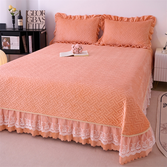 91家纺网 家纺一手货源 找家纺 畅畅家纺 2025新款11斤韩版冬季超柔加厚牛奶绒蝴蝶花边床盖四件套 橙色