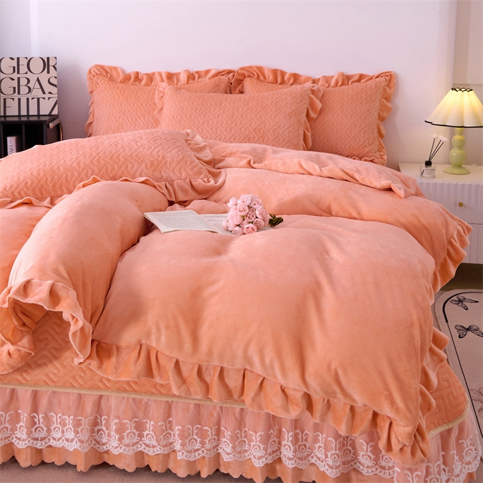 91家纺网 家纺一手货源 找家纺 畅畅家纺 2025新款11斤韩版冬季超柔加厚牛奶绒蝴蝶花边床盖四件套 橙色