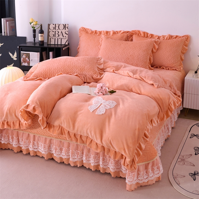 91家纺网 家纺一手货源 找家纺 畅畅家纺 2025新款11斤韩版冬季超柔加厚牛奶绒蝴蝶花边床盖四件套 橙色