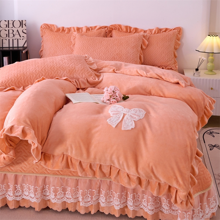 91家纺网 家纺一手货源 找家纺 畅畅家纺 2025新款11斤韩版冬季超柔加厚牛奶绒蝴蝶花边床盖四件套 橙色