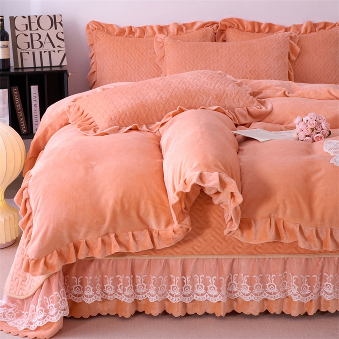 91家纺网 家纺一手货源 找家纺 畅畅家纺 2025新款11斤韩版冬季超柔加厚牛奶绒蝴蝶花边床盖四件套 橙色