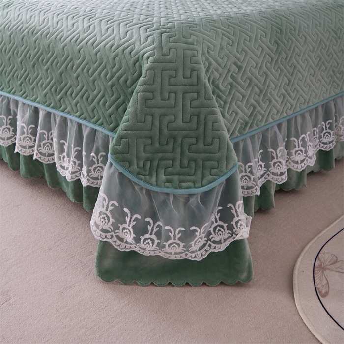 91家纺网 家纺一手货源 找家纺 畅畅家纺 2025新款11斤韩版冬季超柔加厚牛奶绒蝴蝶花边床盖四件套 果绿