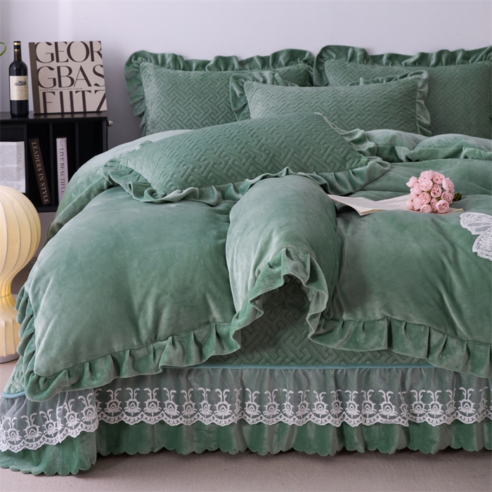 91家纺网 家纺一手货源 找家纺 畅畅家纺 2025新款11斤韩版冬季超柔加厚牛奶绒蝴蝶花边床盖四件套 果绿