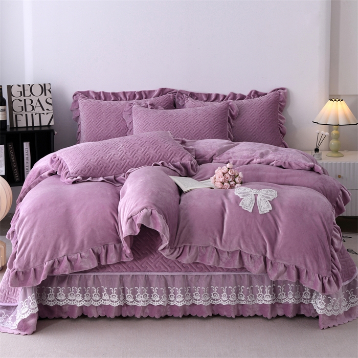 畅畅家纺 2025新款11斤韩版冬季超柔加厚牛奶绒蝴蝶花边床盖四件套 罗兰紫