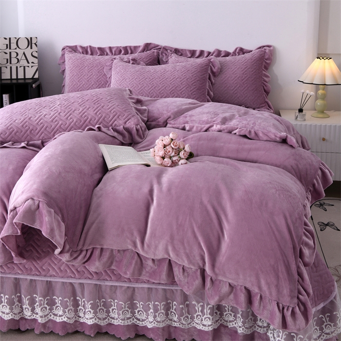 91家纺网 家纺一手货源 找家纺 畅畅家纺 2025新款11斤韩版冬季超柔加厚牛奶绒蝴蝶花边床盖四件套 罗兰紫