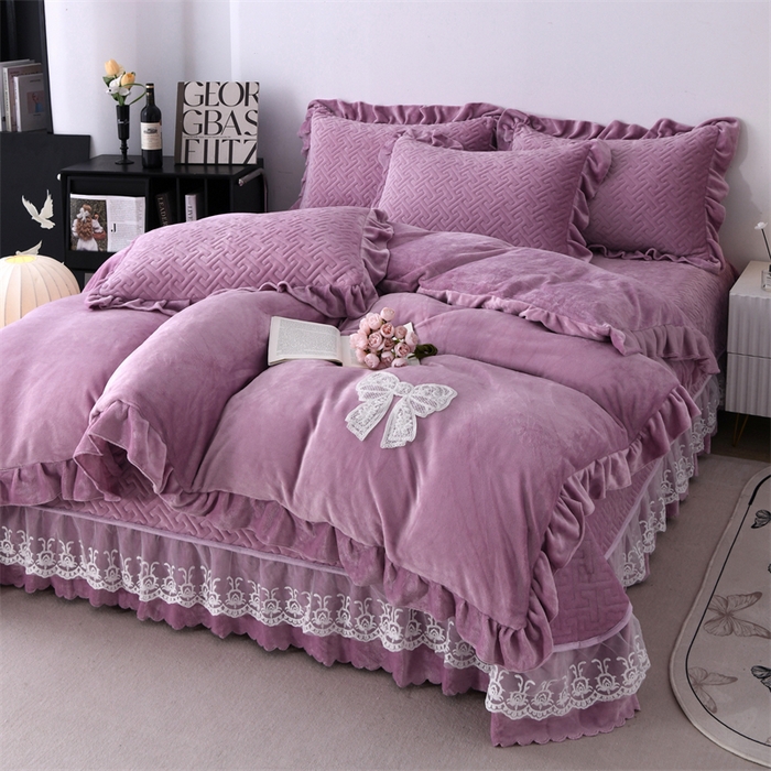91家纺网 家纺一手货源 找家纺 畅畅家纺 2025新款11斤韩版冬季超柔加厚牛奶绒蝴蝶花边床盖四件套 罗兰紫