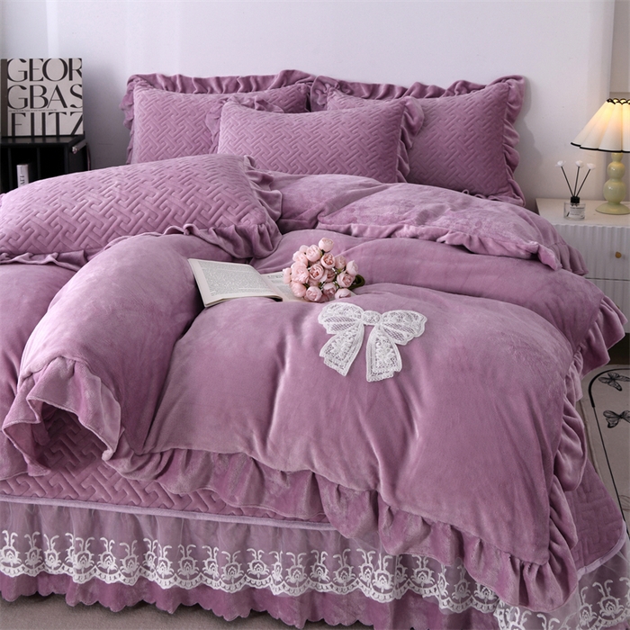 91家纺网 家纺一手货源 找家纺 畅畅家纺 2025新款11斤韩版冬季超柔加厚牛奶绒蝴蝶花边床盖四件套 罗兰紫
