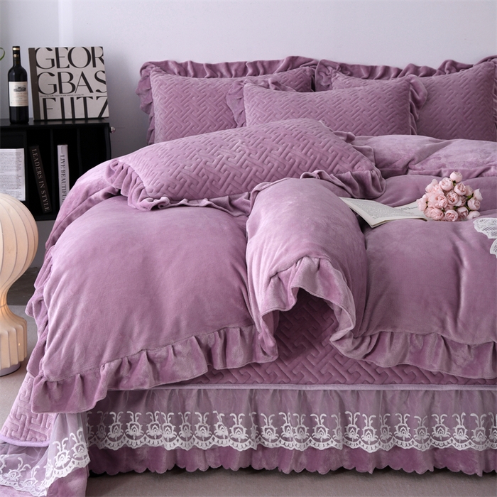 91家纺网 家纺一手货源 找家纺 畅畅家纺 2025新款11斤韩版冬季超柔加厚牛奶绒蝴蝶花边床盖四件套 罗兰紫