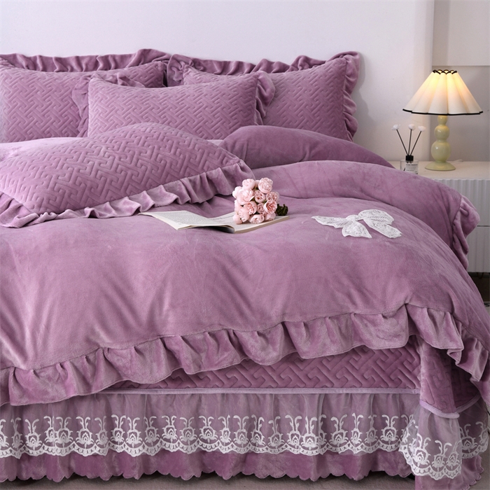 91家纺网 家纺一手货源 找家纺 畅畅家纺 2025新款11斤韩版冬季超柔加厚牛奶绒蝴蝶花边床盖四件套 罗兰紫