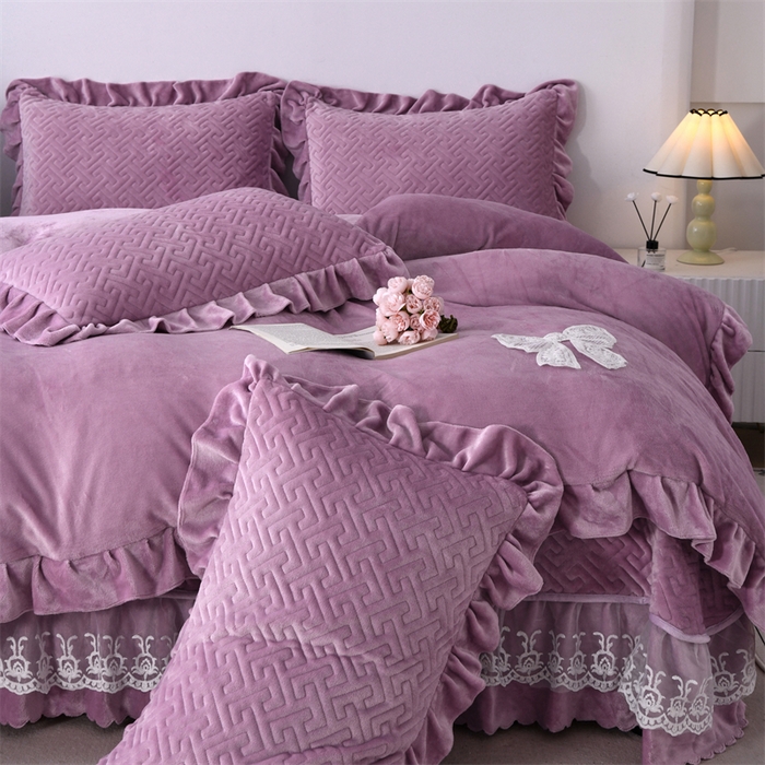 91家纺网 家纺一手货源 找家纺 畅畅家纺 2025新款11斤韩版冬季超柔加厚牛奶绒蝴蝶花边床盖四件套 罗兰紫
