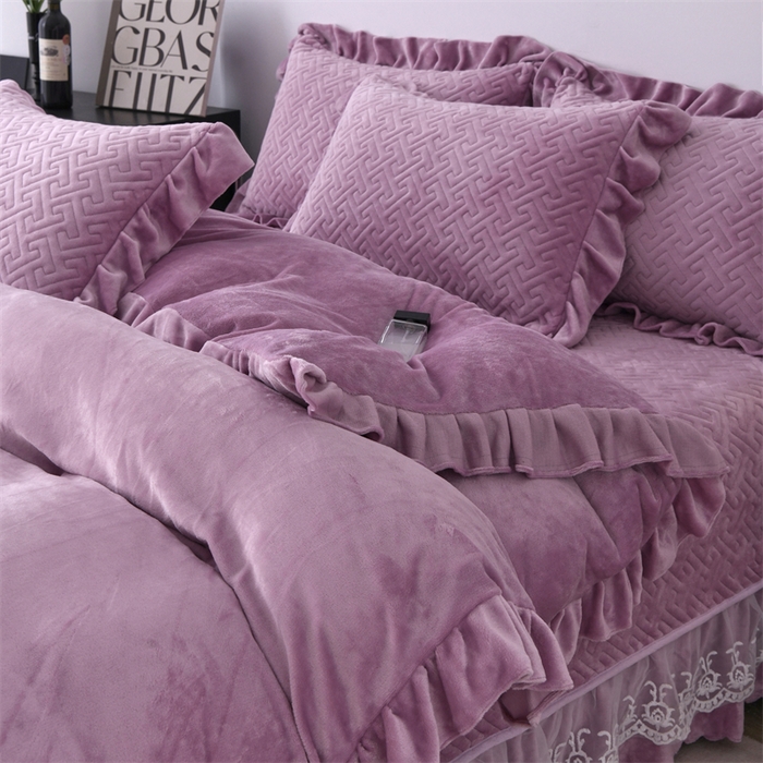 91家纺网 家纺一手货源 找家纺 畅畅家纺 2025新款11斤韩版冬季超柔加厚牛奶绒蝴蝶花边床盖四件套 罗兰紫