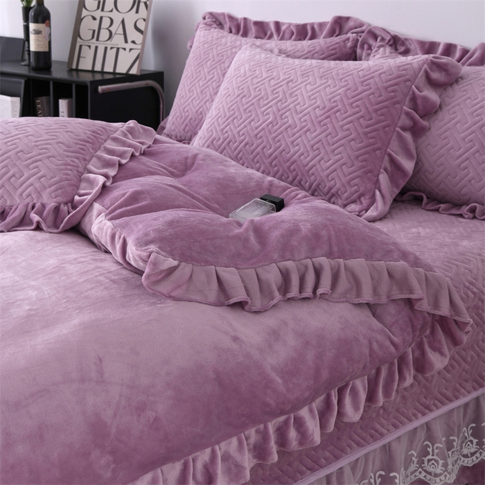 91家纺网 家纺一手货源 找家纺 畅畅家纺 2025新款11斤韩版冬季超柔加厚牛奶绒蝴蝶花边床盖四件套 罗兰紫