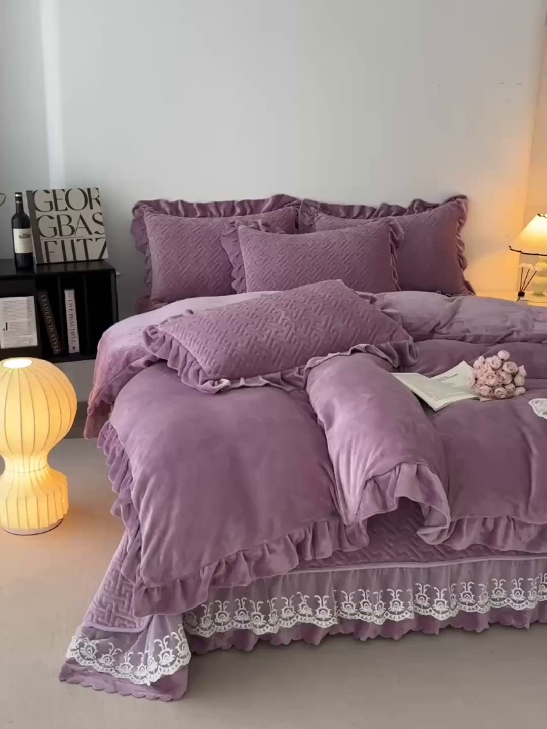 91家纺网 家纺一手货源 找家纺 畅畅家纺 2025新款11斤韩版冬季超柔加厚牛奶绒蝴蝶花边床盖四件套 罗兰紫