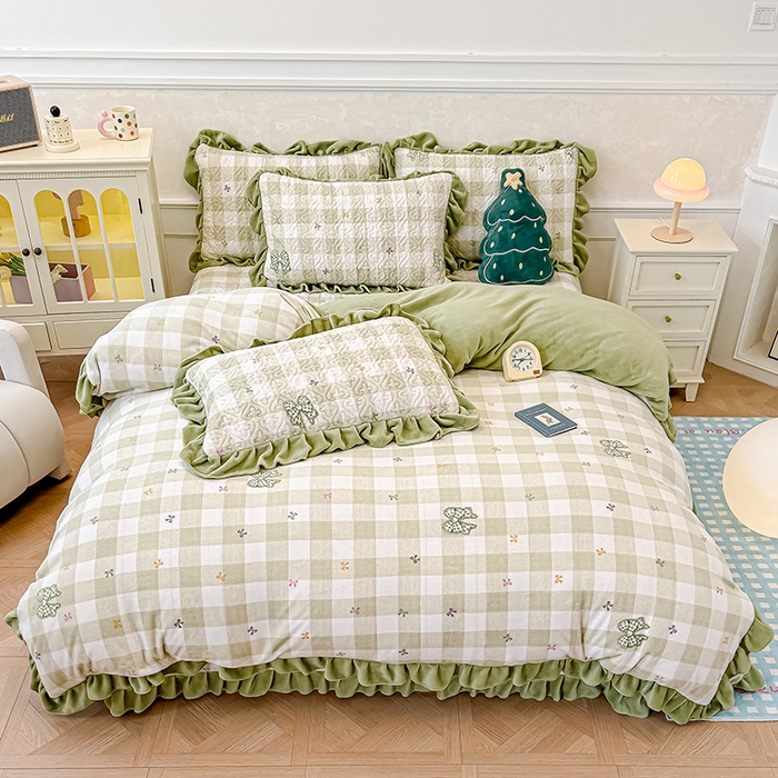 91家纺网 家纺一手货源 找家纺 归属 2025新款牛奶绒床盖四件套 绿韵蝴蝶结