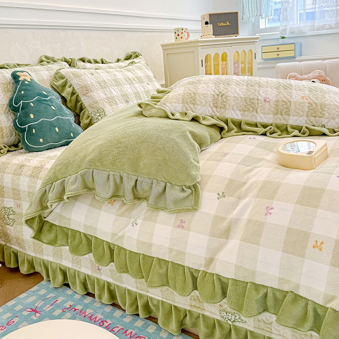 91家纺网 家纺一手货源 找家纺 归属 2025新款牛奶绒床盖四件套 绿韵蝴蝶结