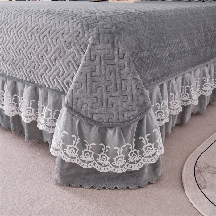 91家纺网 家纺一手货源 找家纺 畅畅家纺 2025新款11斤韩版冬季超柔加厚牛奶绒蝴蝶花边床盖四件套 浅灰