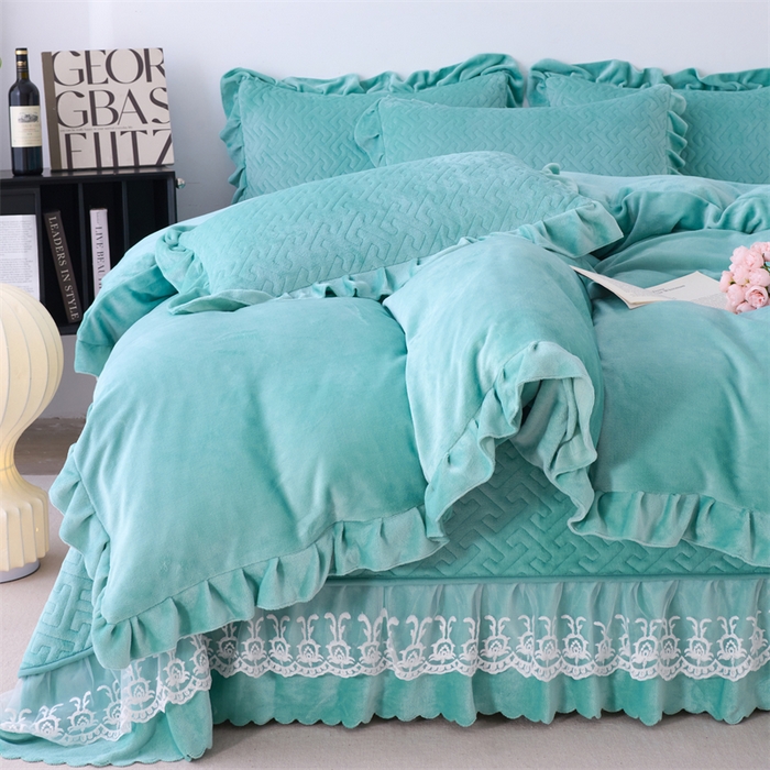 91家纺网 家纺一手货源 找家纺 畅畅家纺 2025新款11斤韩版冬季超柔加厚牛奶绒蝴蝶花边床盖四件套 青蓝