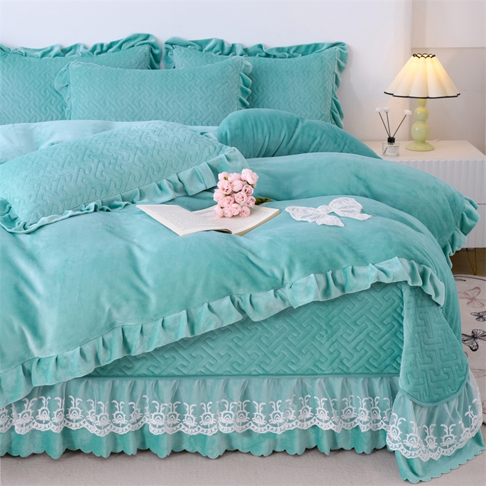 91家纺网 家纺一手货源 找家纺 畅畅家纺 2025新款11斤韩版冬季超柔加厚牛奶绒蝴蝶花边床盖四件套 青蓝