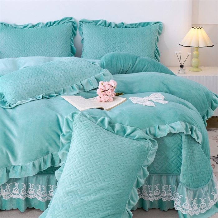 91家纺网 家纺一手货源 找家纺 畅畅家纺 2025新款11斤韩版冬季超柔加厚牛奶绒蝴蝶花边床盖四件套 青蓝