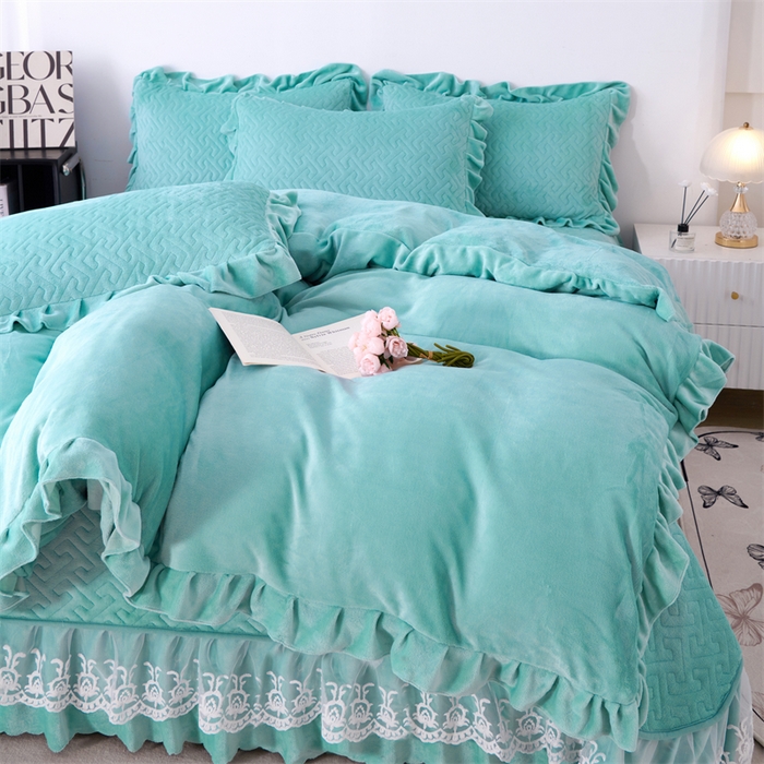 91家纺网 家纺一手货源 找家纺 畅畅家纺 2025新款11斤韩版冬季超柔加厚牛奶绒蝴蝶花边床盖四件套 青蓝