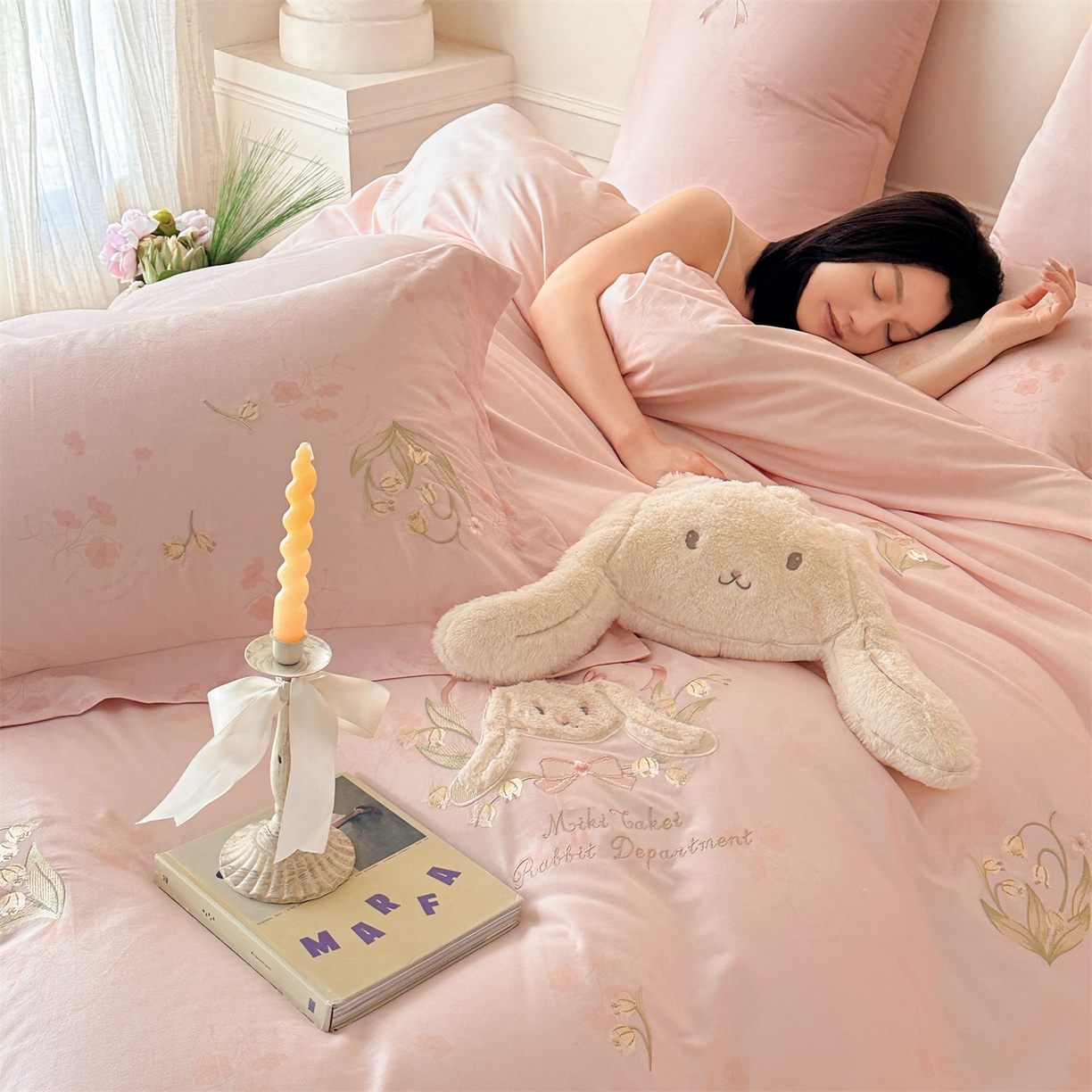 91家纺网 家纺一手货源 找家纺 （总）蓝米卡夫 2025秋冬-全棉60支磨毛印+绣-铃兰萌兔系列（礼盒包装）提供买家秀,铃兰萌兔-粉,铃兰萌兔-紫