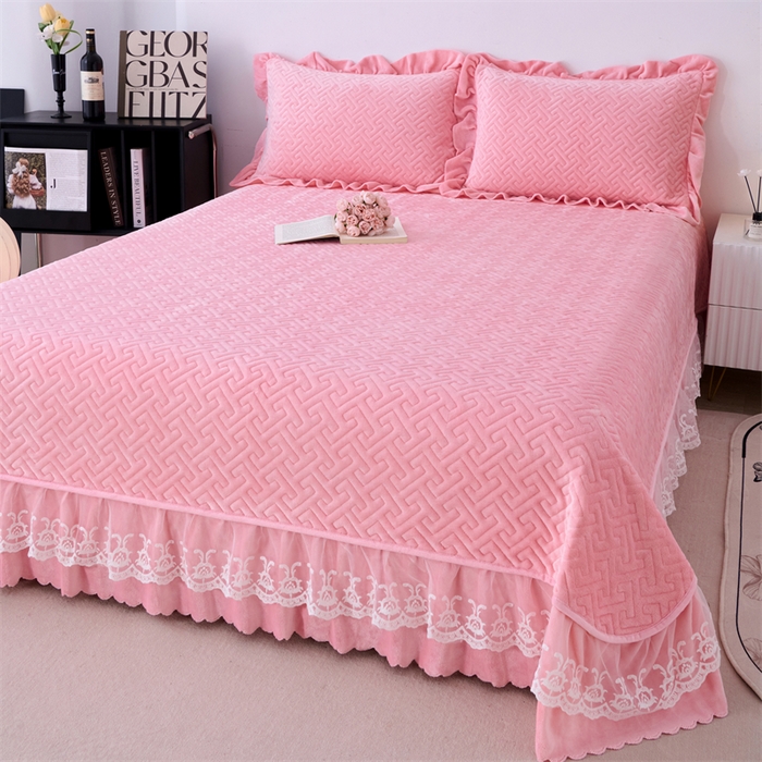 91家纺网 家纺一手货源 找家纺 畅畅家纺 2025新款11斤韩版冬季超柔加厚牛奶绒蝴蝶花边床盖四件套 桃粉