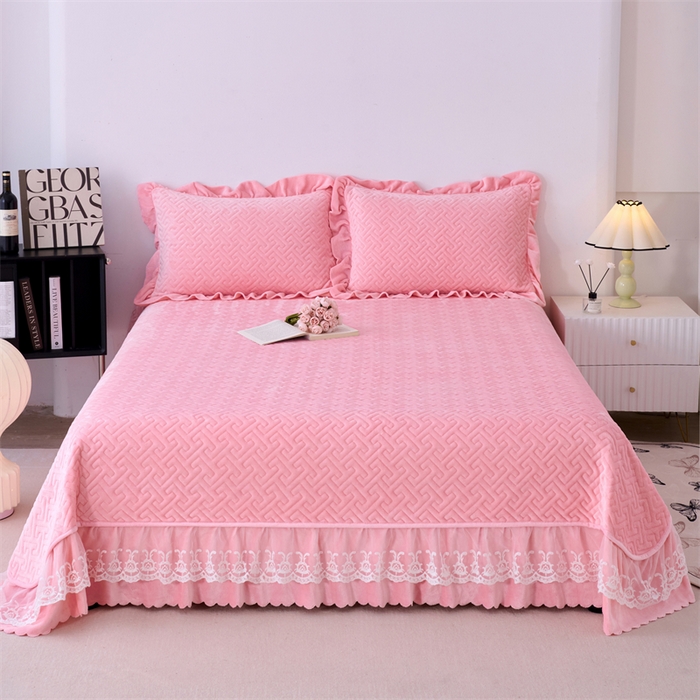 91家纺网 家纺一手货源 找家纺 畅畅家纺 2025新款11斤韩版冬季超柔加厚牛奶绒蝴蝶花边床盖四件套 桃粉