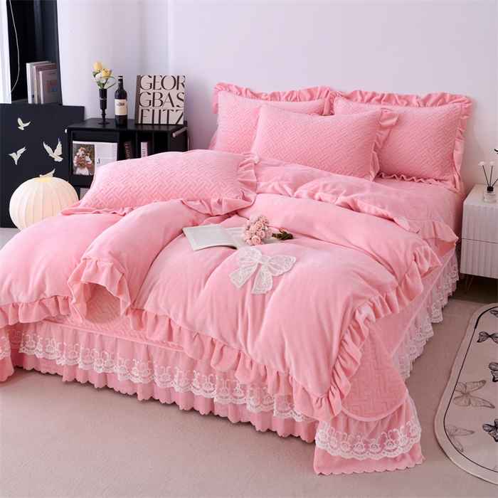 91家纺网 家纺一手货源 找家纺 畅畅家纺 2025新款11斤韩版冬季超柔加厚牛奶绒蝴蝶花边床盖四件套 桃粉