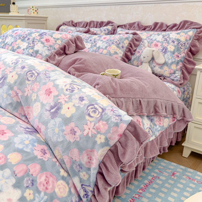 归属 2025新款牛奶绒床盖四件套 水墨紫花园