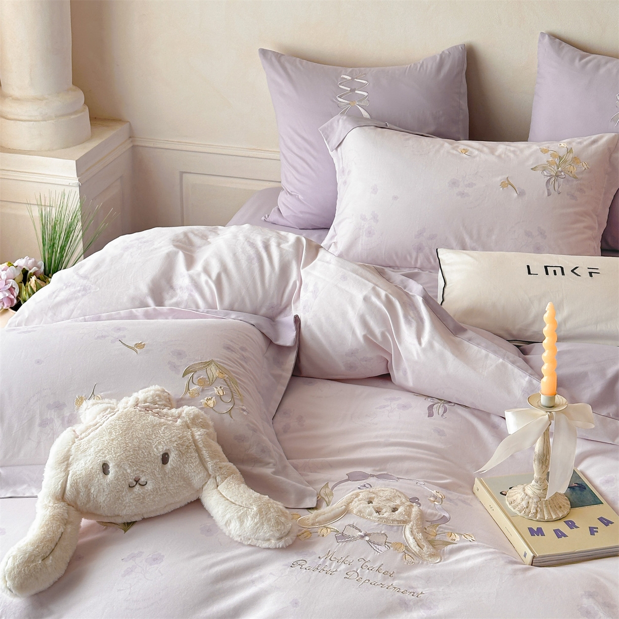 91家纺网 家纺一手货源 找家纺 蓝米卡夫 2025秋冬-全棉60支磨毛印+绣-铃兰萌兔系列（礼盒包装）提供买家秀 铃兰萌兔-紫