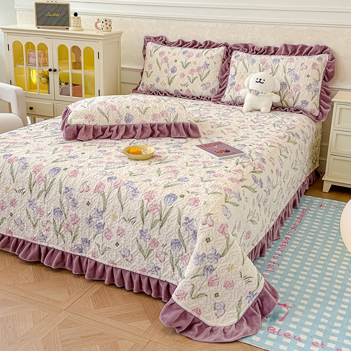 91家纺网 家纺一手货源 找家纺 归属 2025新款牛奶绒床盖四件套 紫色郁金香