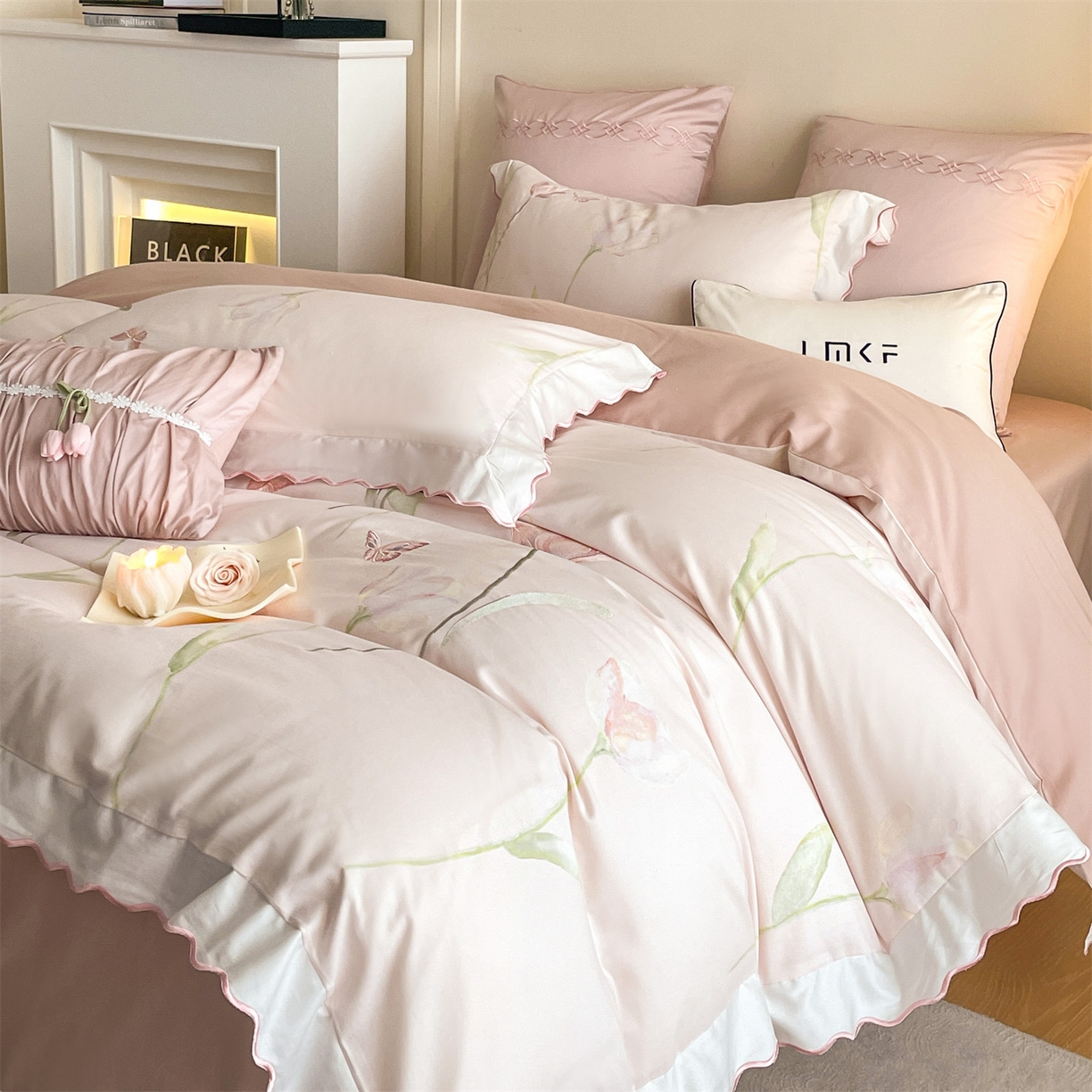 91家纺网 家纺一手货源 找家纺 蓝米卡夫 2025秋冬-全棉60支磨毛印+绣-郁金香系列（礼盒包装）提供买家秀 郁金香-粉玉