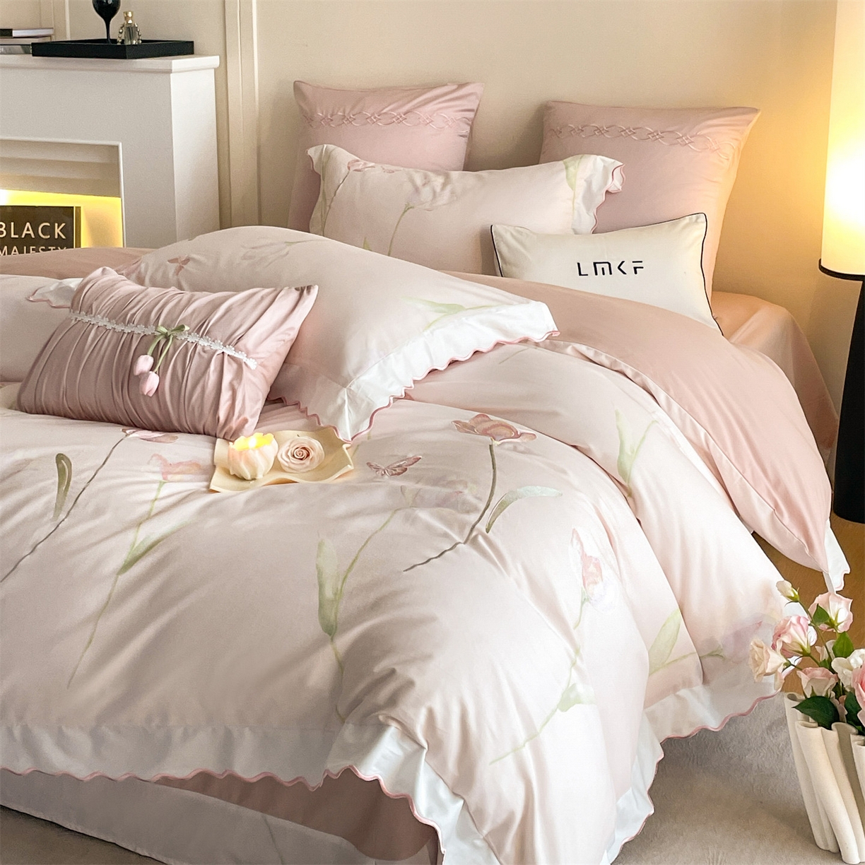 91家纺网 家纺一手货源 找家纺 蓝米卡夫 2025秋冬-全棉60支磨毛印+绣-郁金香系列（礼盒包装）提供买家秀 郁金香-粉玉