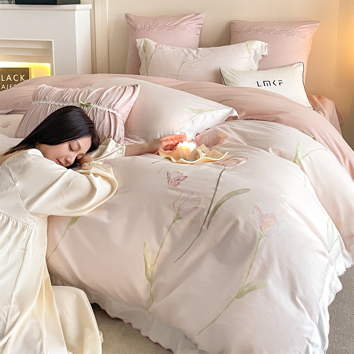 91家纺网 家纺一手货源 找家纺 蓝米卡夫 2025秋冬-全棉60支磨毛印+绣-郁金香系列（礼盒包装）提供买家秀 郁金香-粉玉