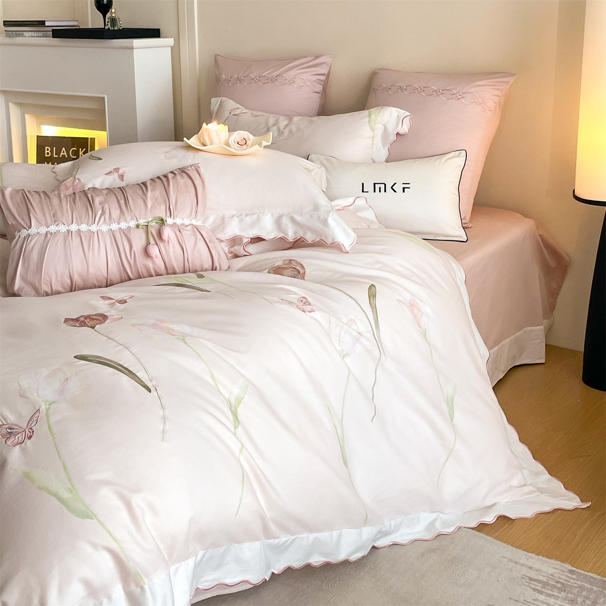 91家纺网 家纺一手货源 找家纺 蓝米卡夫 2025秋冬-全棉60支磨毛印+绣-郁金香系列（礼盒包装）提供买家秀 郁金香-粉玉