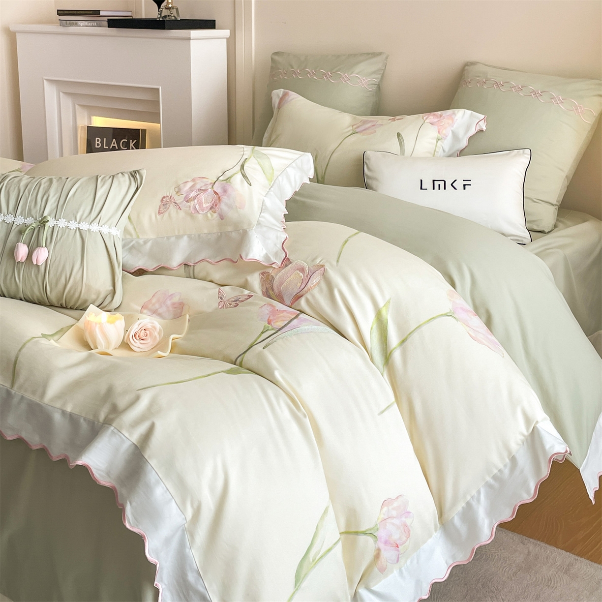 91家纺网 家纺一手货源 找家纺 蓝米卡夫 2025秋冬-全棉60支磨毛印+绣-郁金香系列（礼盒包装）提供买家秀 郁金香-米