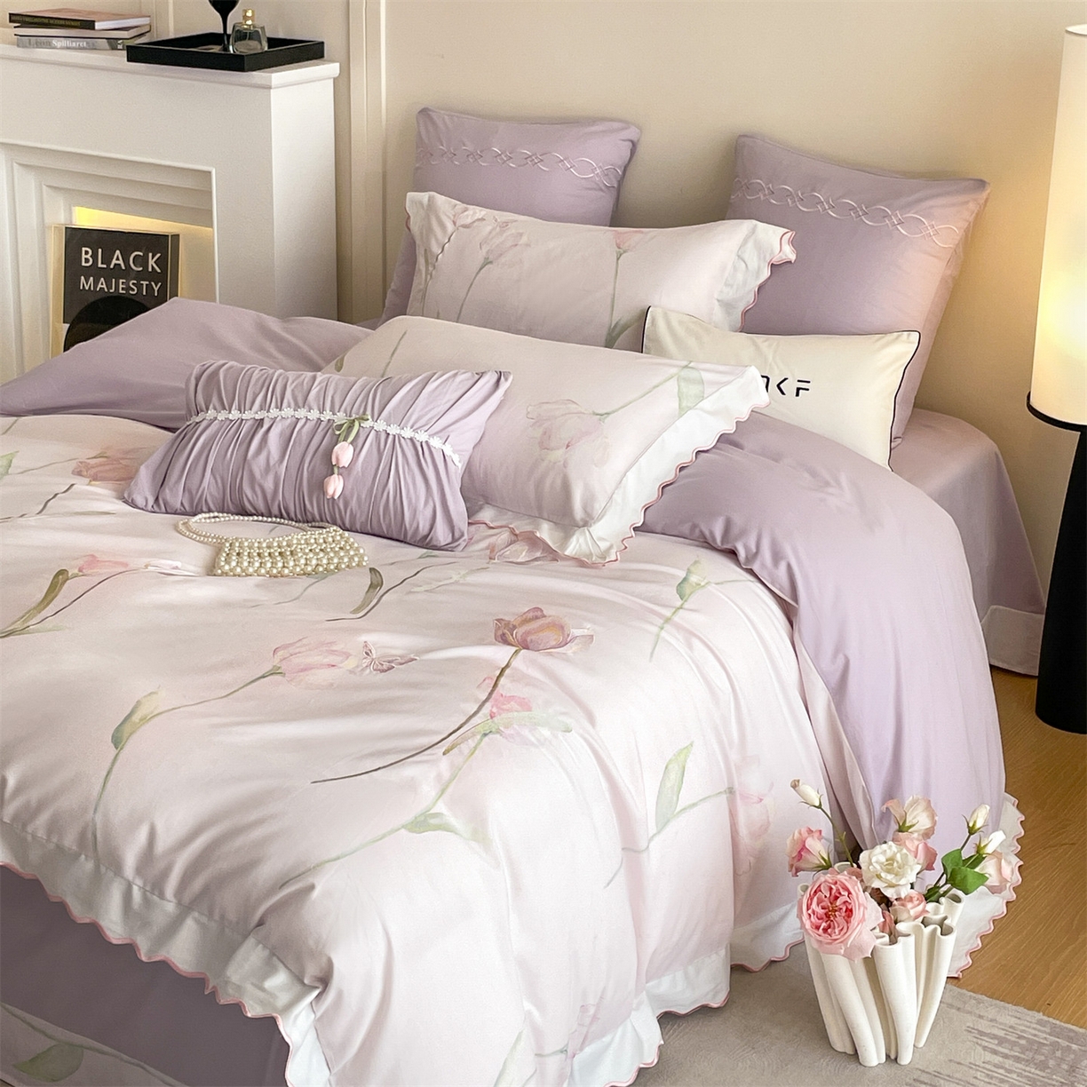 91家纺网 家纺一手货源 找家纺 蓝米卡夫 2025秋冬-全棉60支磨毛印+绣-郁金香系列（礼盒包装）提供买家秀 郁金香-紫