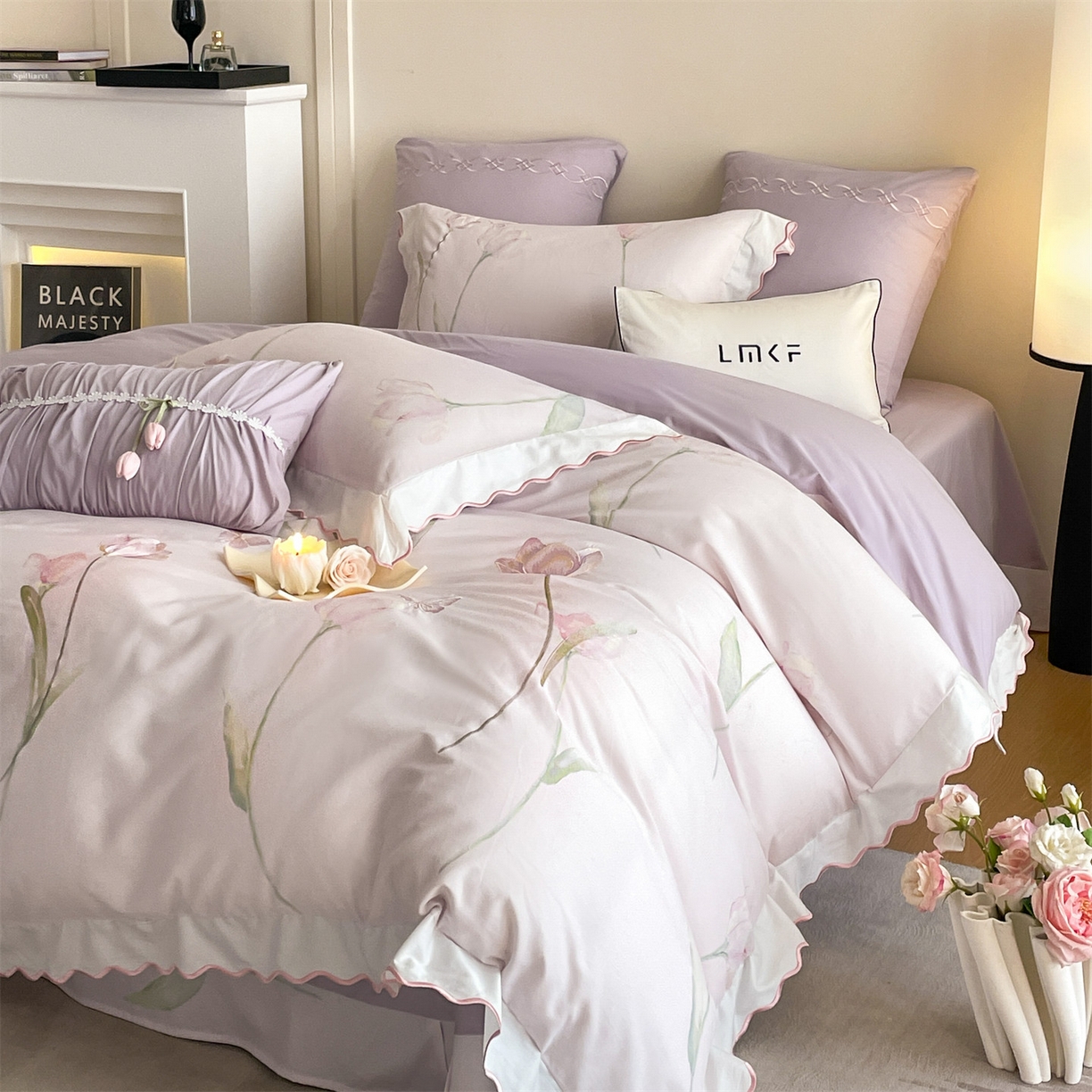 91家纺网 家纺一手货源 找家纺 蓝米卡夫 2025秋冬-全棉60支磨毛印+绣-郁金香系列（礼盒包装）提供买家秀 郁金香-紫