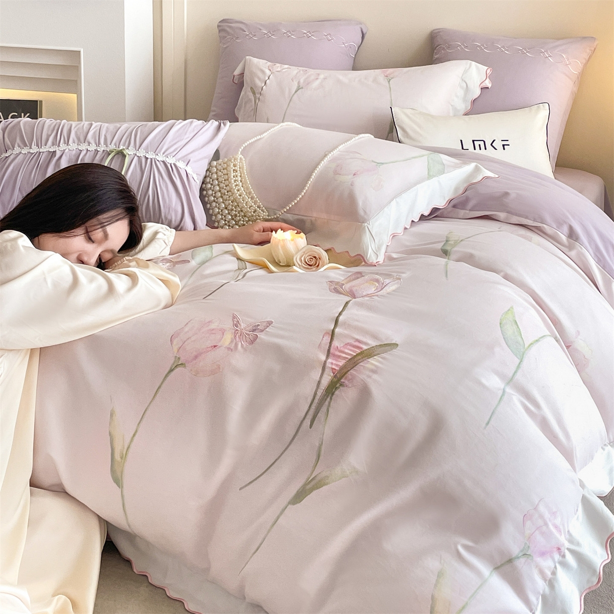 91家纺网 家纺一手货源 找家纺 蓝米卡夫 2025秋冬-全棉60支磨毛印+绣-郁金香系列（礼盒包装）提供买家秀 郁金香-紫