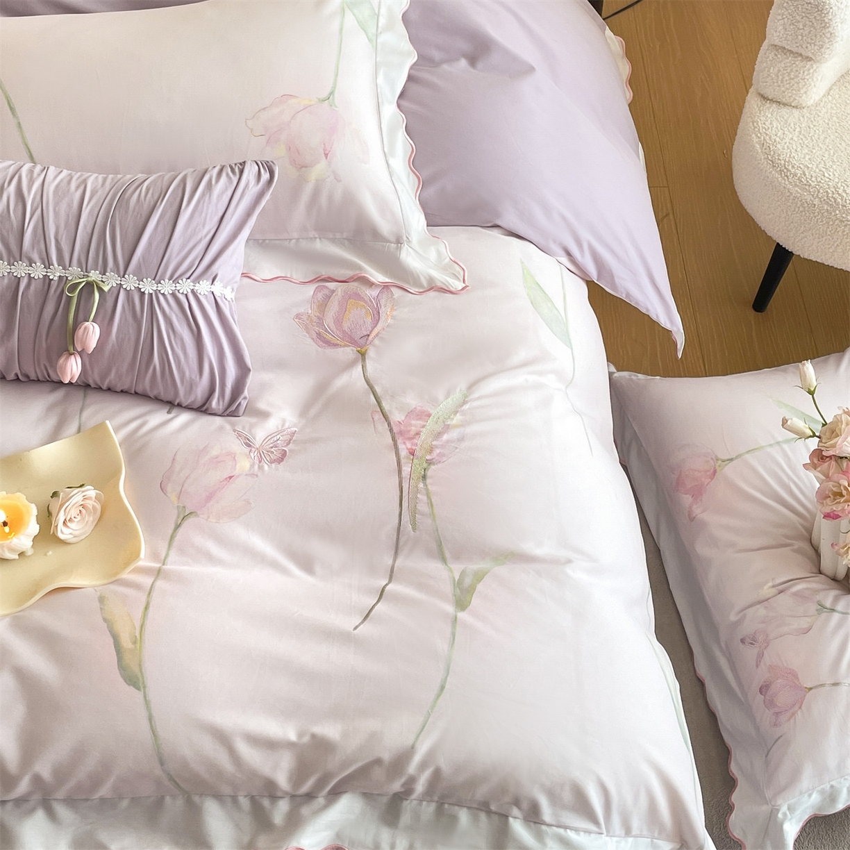 91家纺网 家纺一手货源 找家纺 蓝米卡夫 2025秋冬-全棉60支磨毛印+绣-郁金香系列（礼盒包装）提供买家秀 郁金香-紫