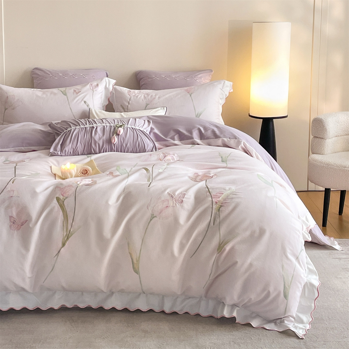 91家纺网 家纺一手货源 找家纺 蓝米卡夫 2025秋冬-全棉60支磨毛印+绣-郁金香系列（礼盒包装）提供买家秀 郁金香-紫