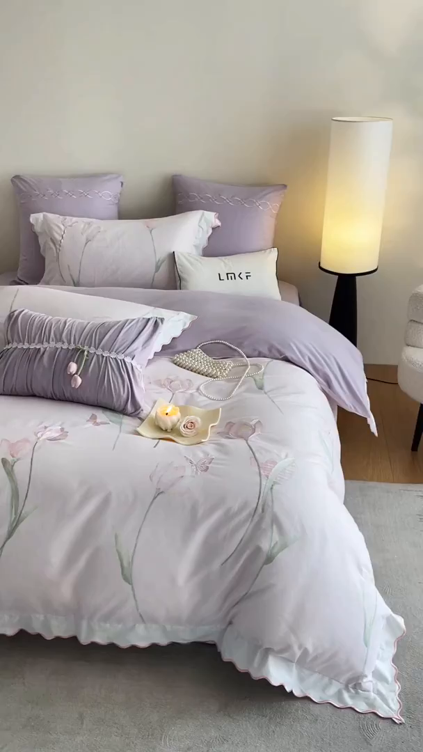 91家纺网 家纺一手货源 找家纺 蓝米卡夫 2025秋冬-全棉60支磨毛印+绣-郁金香系列（礼盒包装）提供买家秀 郁金香-紫