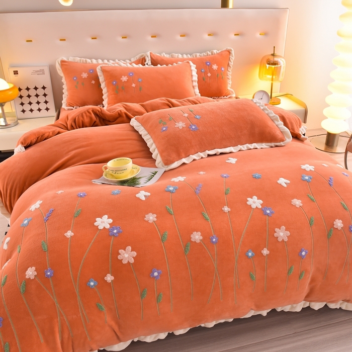 91家纺网 家纺一手货源 找家纺 畅畅家纺 2025新款A类亲肤舒适高克重牛奶绒绣花系列冬季四件套-繁花似锦 繁花似锦-桔色