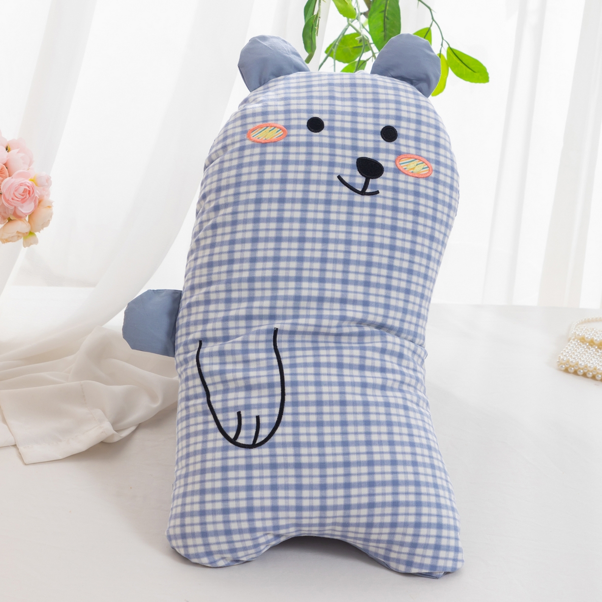 91家纺网 家纺一手货源 找家纺 大熊枕芯 2025新款全棉小熊荞麦枕头枕芯 慵懒熊荞麦枕-蓝