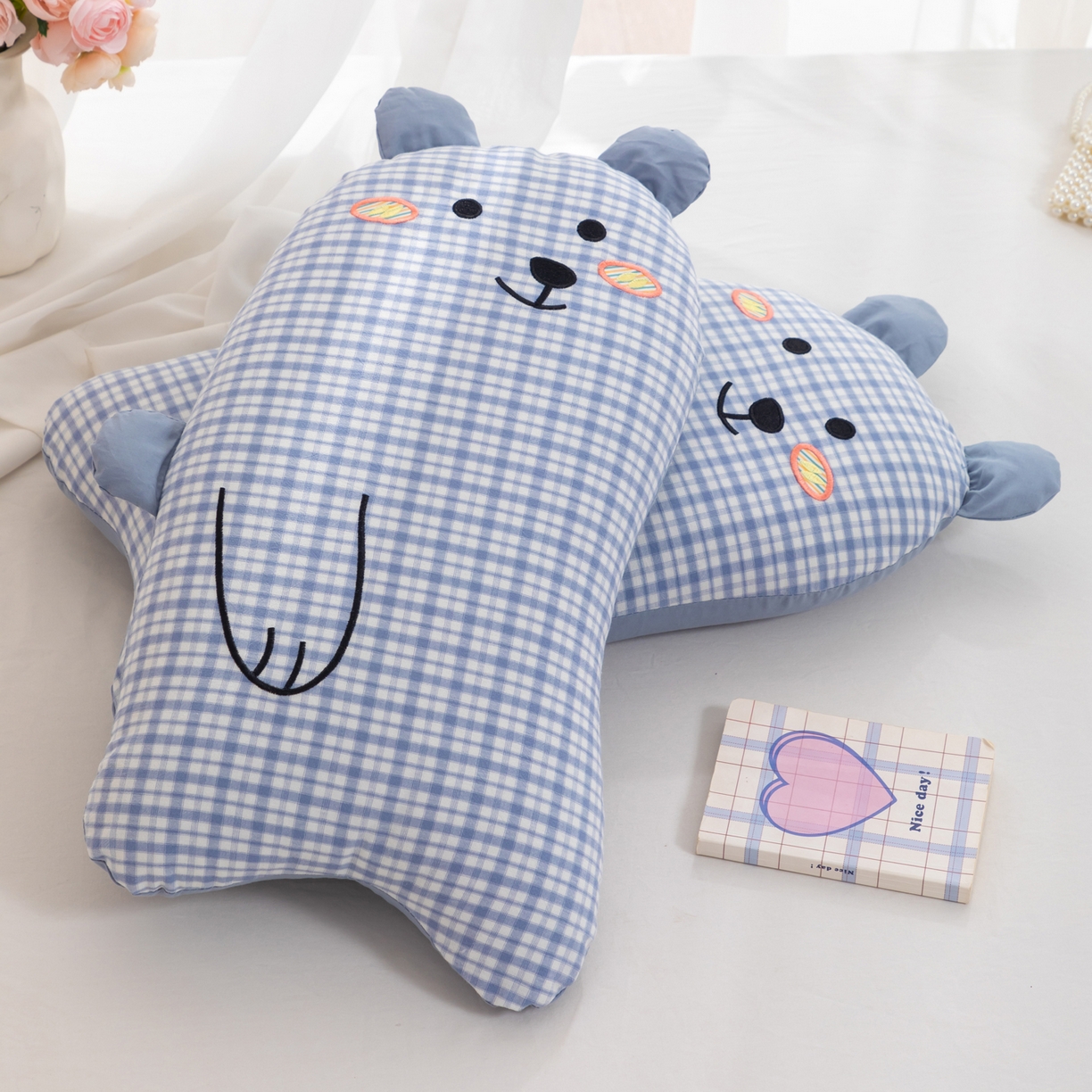 91家纺网 家纺一手货源 找家纺 大熊枕芯 2025新款全棉小熊荞麦枕头枕芯 慵懒熊荞麦枕-蓝